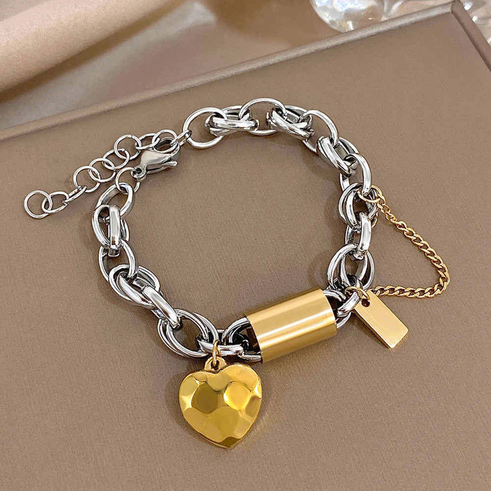 Heart Lock Stainless Steel Charm Bracelet Chunky Gold Plated Chain Love Bracelets for Women Valentine Gift