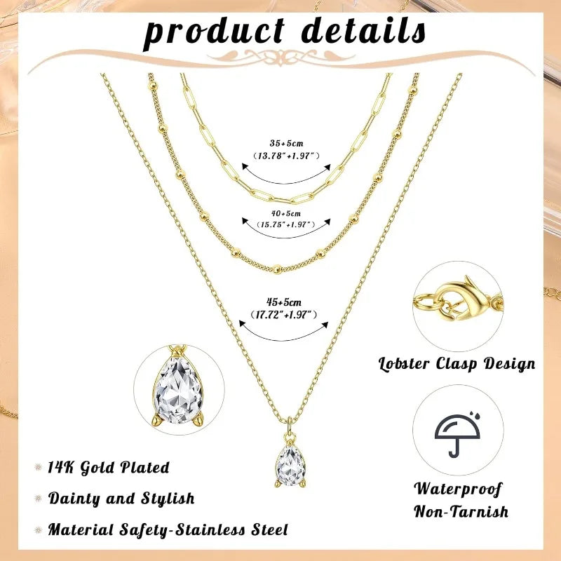 Triple Layered Gold Necklace for Women Waterproof 14K Gold Plated Stainless Steel Teardrop Crystal Necklace Satck Jewelry Set