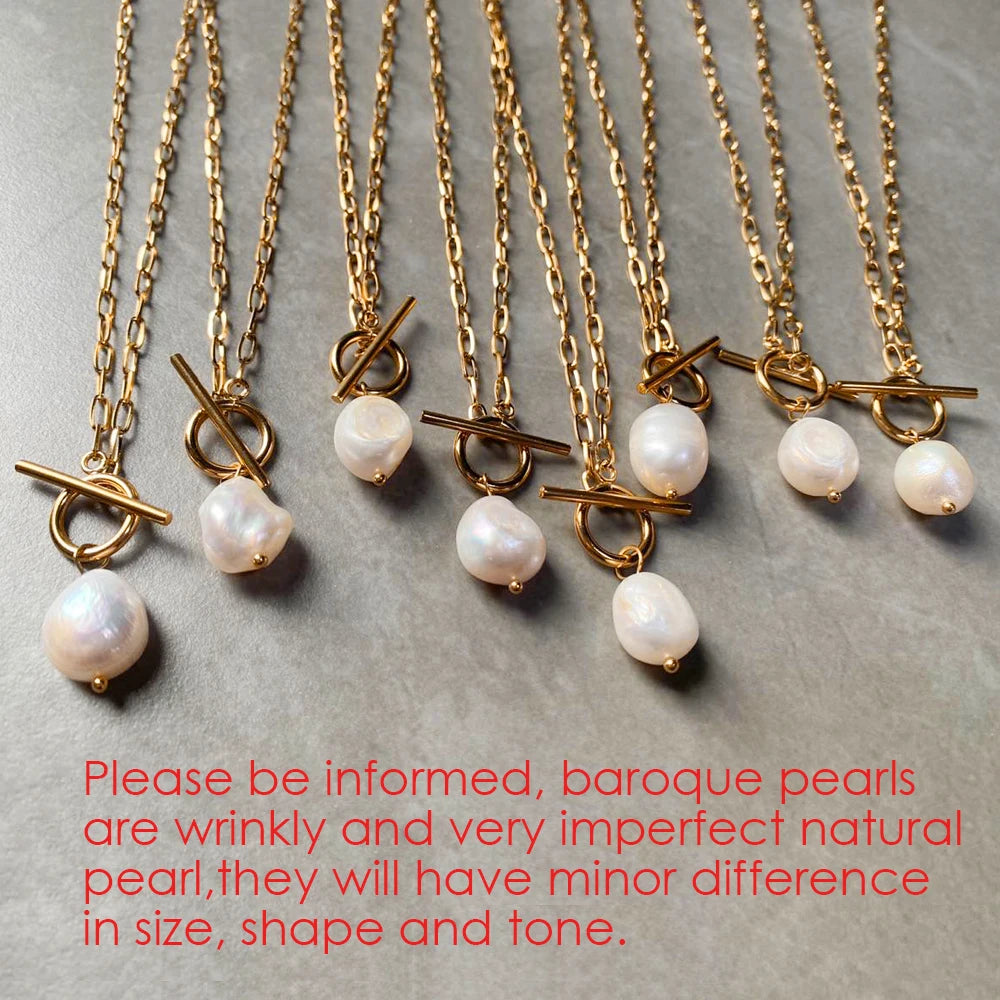 EMANCO Freshwater Pearl Toggle Necklace for Women Paperclip Chain Necklace Stainless Steel Long Box Square Chain Long Choker