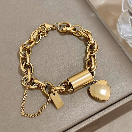 Heart Lock Stainless Steel Charm Bracelet Chunky Gold Plated Chain Love Bracelets for Women Valentine Gift