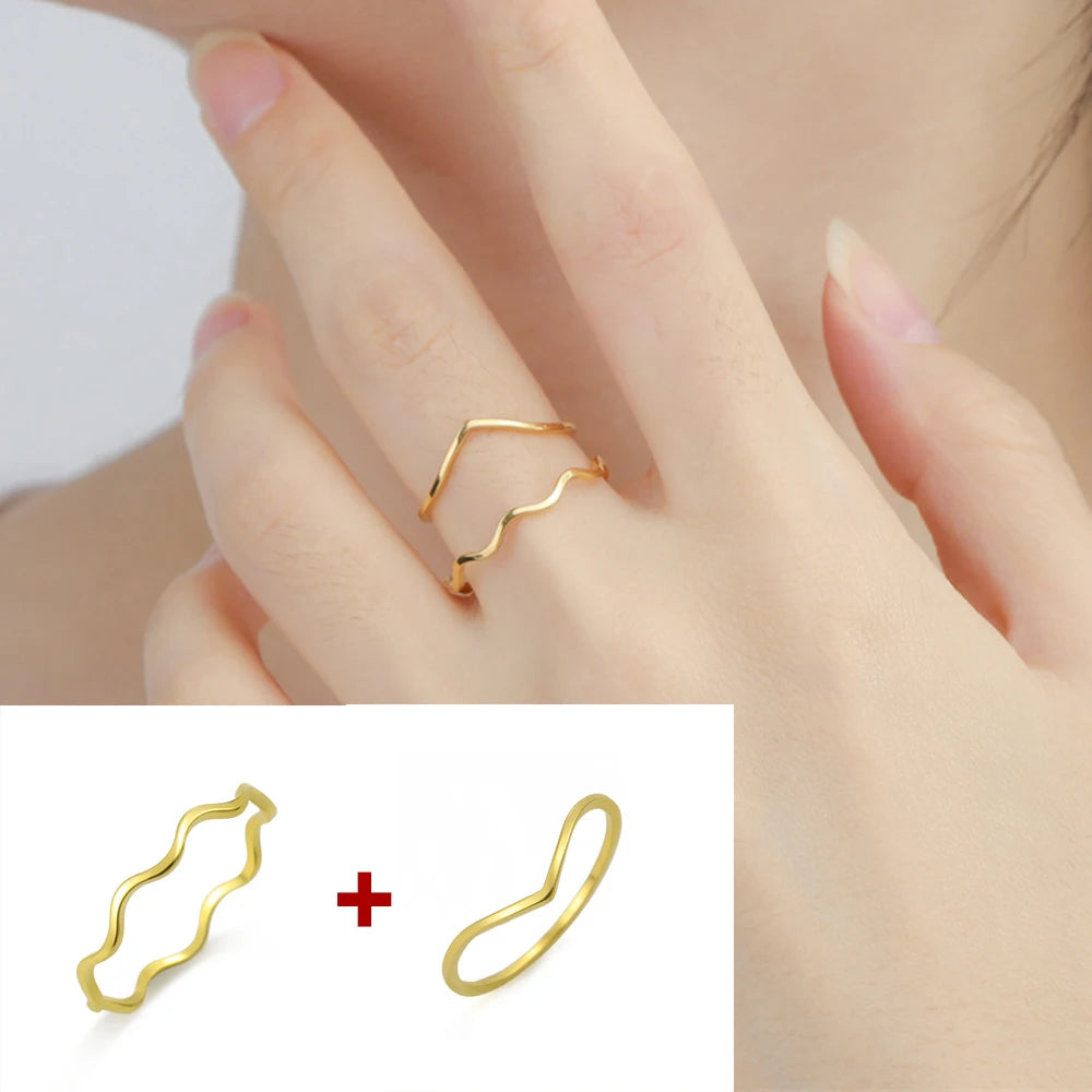 Minimalist Stackable Wave Rings for Women Geometric Finger Ring Stainless Steel Golden Jewelry Thin Rings Set Daily Party Wear