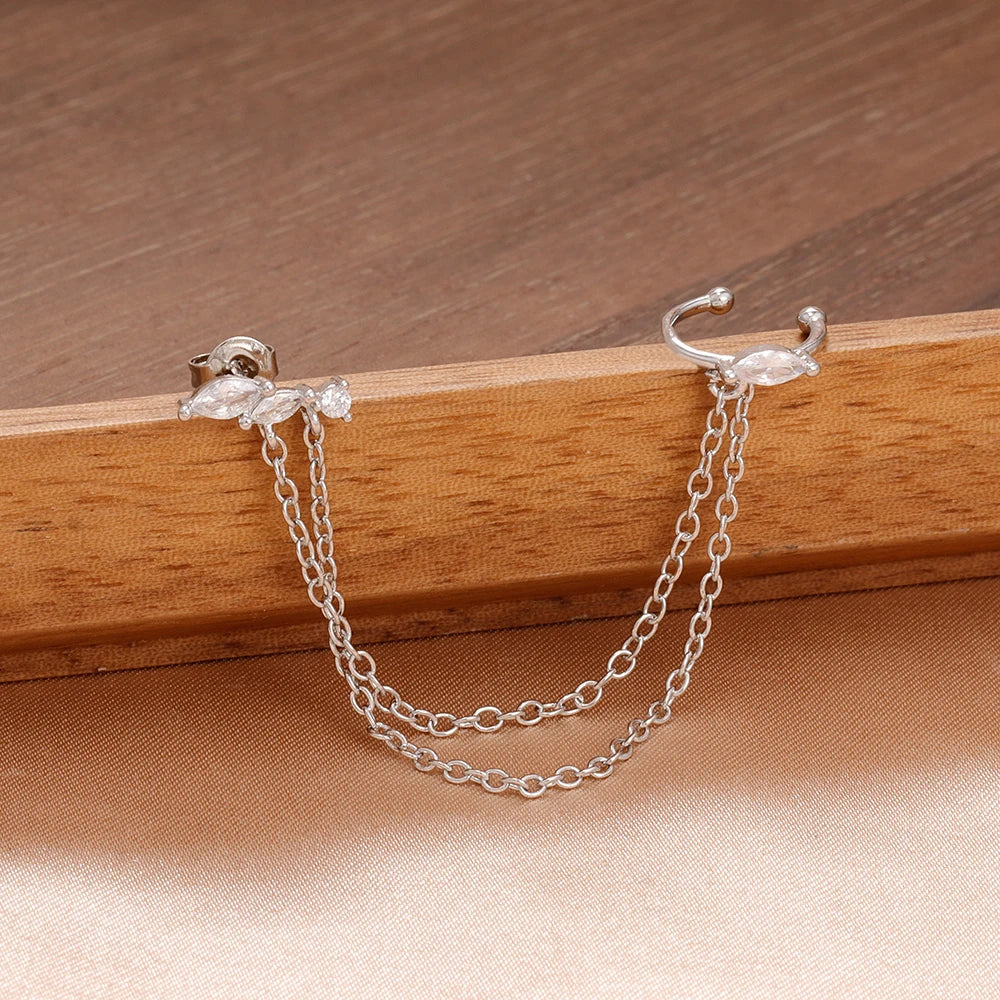 1PC Stainless Steel Chain Tassel Zircon Drop Earrings For Women 14K Gold Plated Geometric Ear Clip Earrings Wedding Jewelry