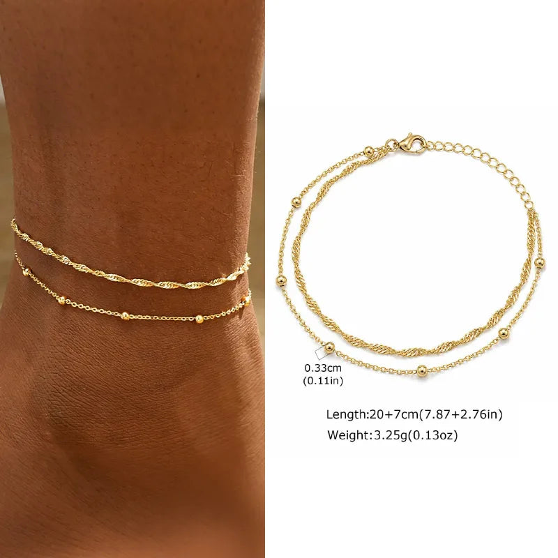 Waterproof Layered Anklet Bracelet for Women, Adjustable Gold Plated with Zirconia Stainless Steel Link Foot Chain Jewelry