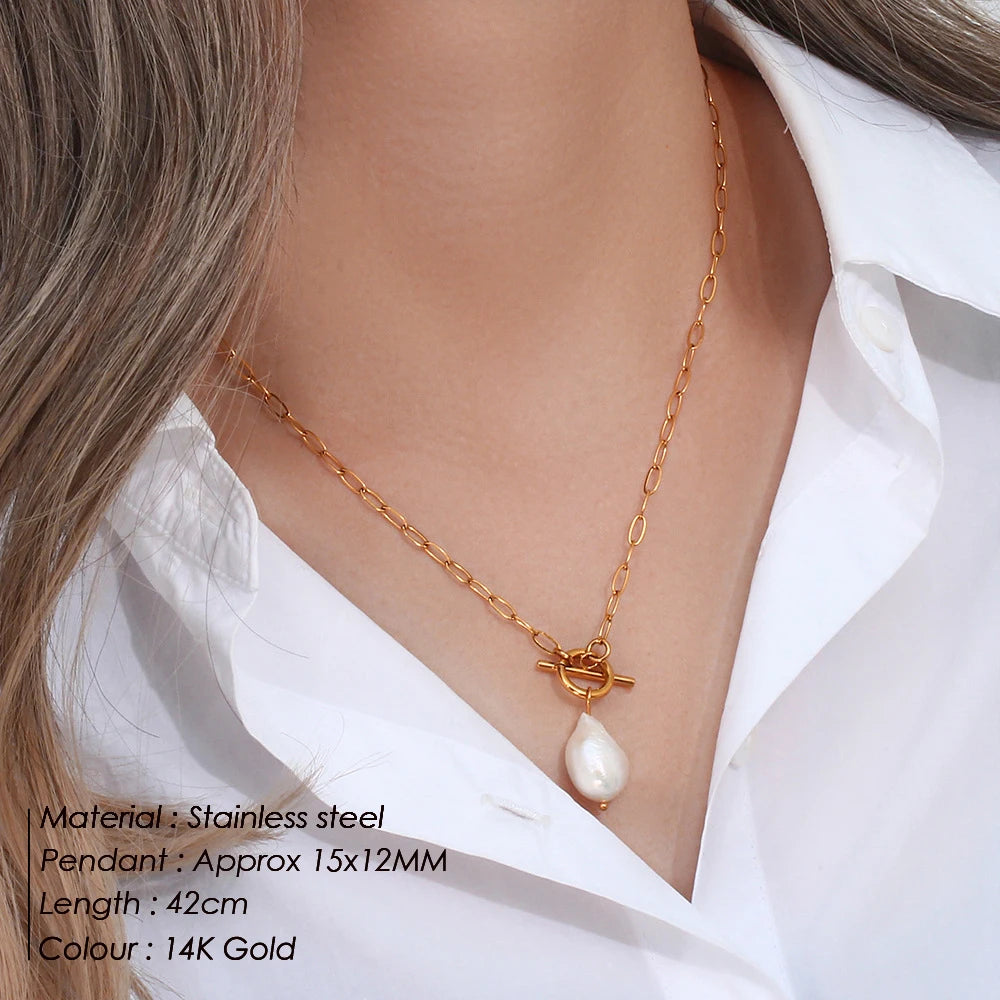 EMANCO Freshwater Pearl Toggle Necklace for Women Paperclip Chain Necklace Stainless Steel Long Box Square Chain Long Choker
