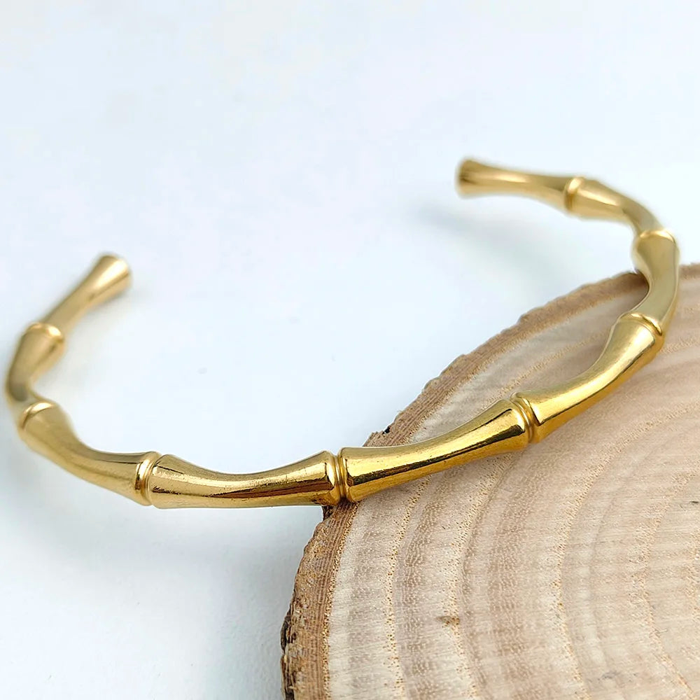 316L Stainless Steel 18K Gold Plated Bamboo Joint Open Cuff Bangle Adjustable Bracelet Minimal Lucky Stack Jewelry For Women