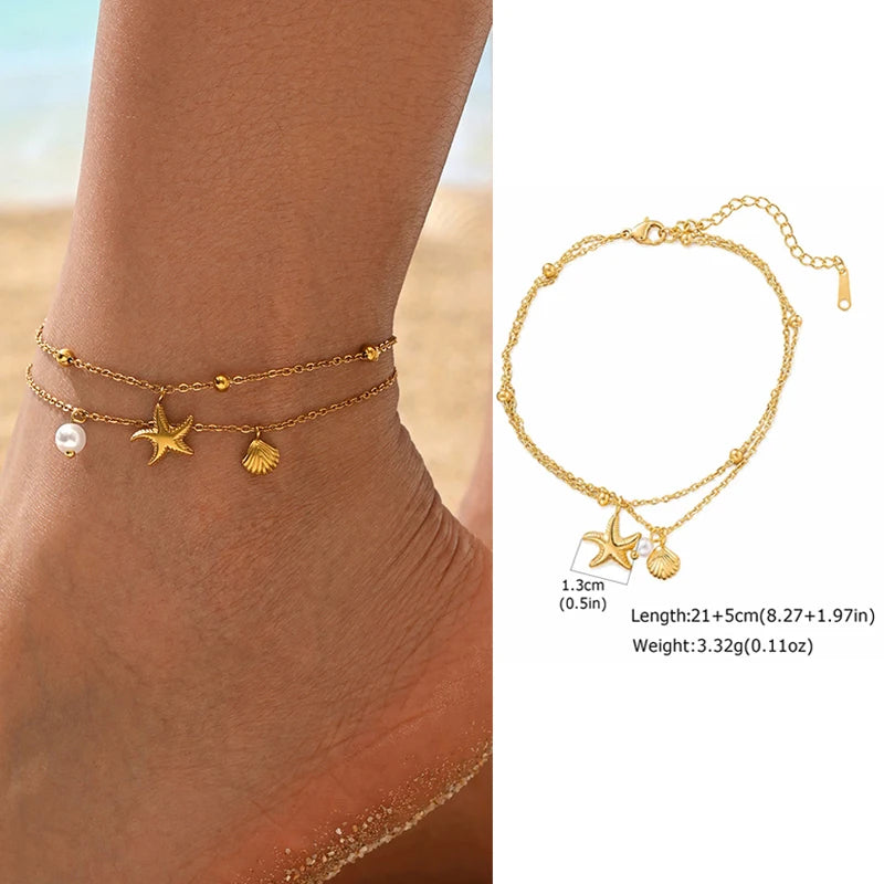 Waterproof Layered Anklet Bracelet for Women, Adjustable Gold Plated with Zirconia Stainless Steel Link Foot Chain Jewelry