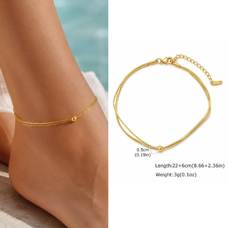 Waterproof Layered Anklet Bracelet for Women, Adjustable Gold Plated with Zirconia Stainless Steel Link Foot Chain Jewelry