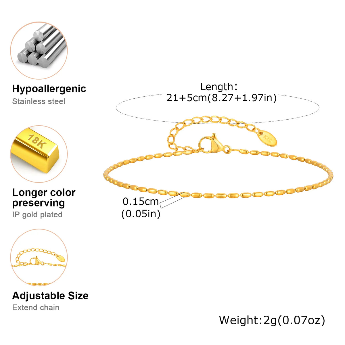 Beaed Ball Anklet Bracelet for Women, Waterproof Adjustable Link, 3mm 5mm Stainless Steel Stackable Gold Plated Anklet Jewelry