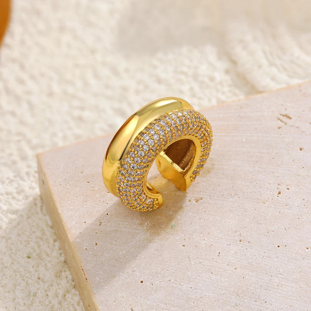 1pcs Delicate CZ Zircon Double Layer C-shape Chunky Cuff Earrings Stainless Steel No Piercing Cartilage Ear Clip Luxury Jewelry
