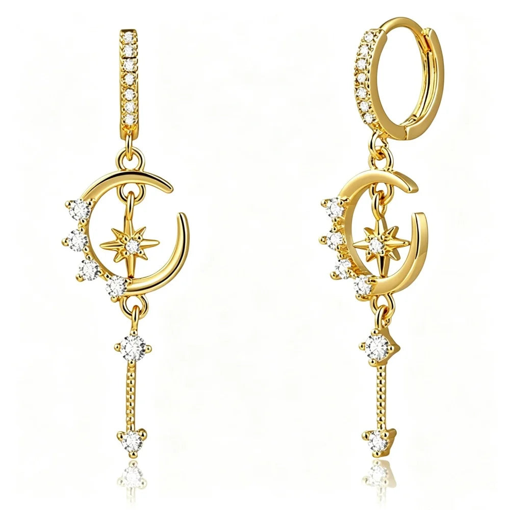 14K Gold Plated Moon Star Cubic Zirconia Huggie Dangle Earrings for Women Waterproof Dainty Long Drop Daily Party Jewelry Gifts