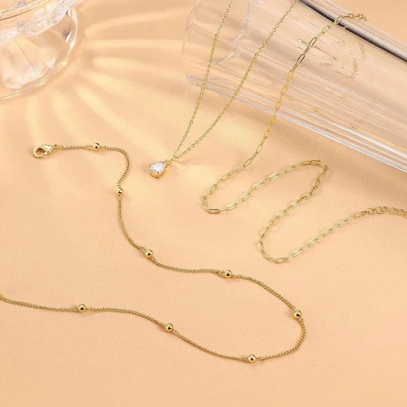 Triple Layered Gold Necklace for Women Waterproof 14K Gold Plated Stainless Steel Teardrop Crystal Necklace Satck Jewelry Set