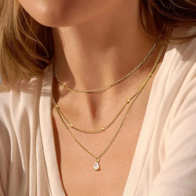 Triple Layered Gold Necklace for Women Waterproof 14K Gold Plated Stainless Steel Teardrop Crystal Necklace Satck Jewelry Set