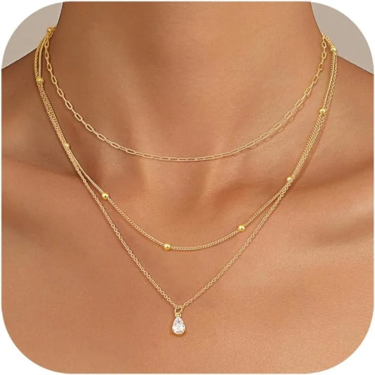 Triple Layered Gold Necklace for Women Waterproof 14K Gold Plated Stainless Steel Teardrop Crystal Necklace Satck Jewelry Set