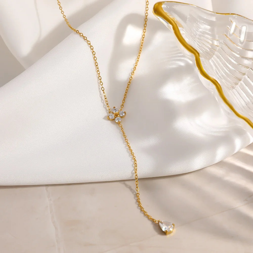 18K Gold Plated Stainless Steel Waterproof Clover Zircon Y Shape Pendant Necklace for Women Non-Fading Necklace Jewelry Gift