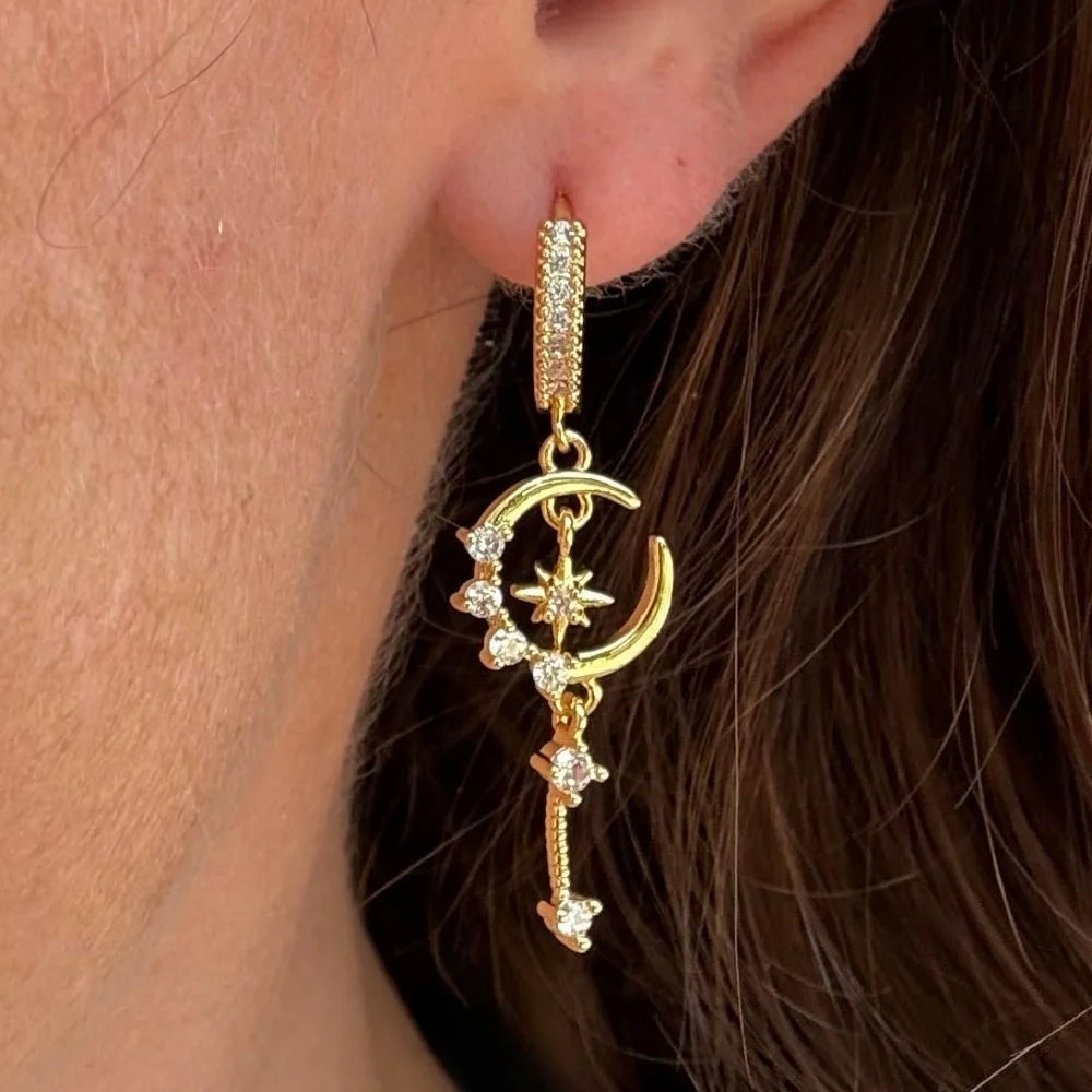 14K Gold Plated Moon Star Cubic Zirconia Huggie Dangle Earrings for Women Waterproof Dainty Long Drop Daily Party Jewelry Gifts