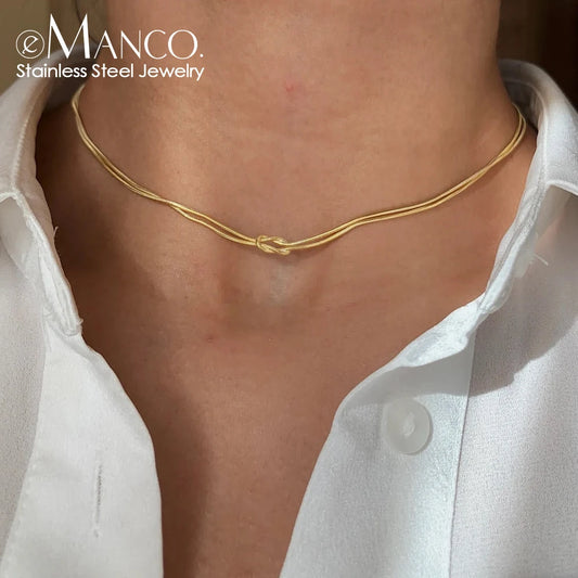 EMANCO Elegant Minimalist Jewelry Lusterless 14k Gold Plated Knotted Snake Chain Necklace Women's Stainless Steel Accessories