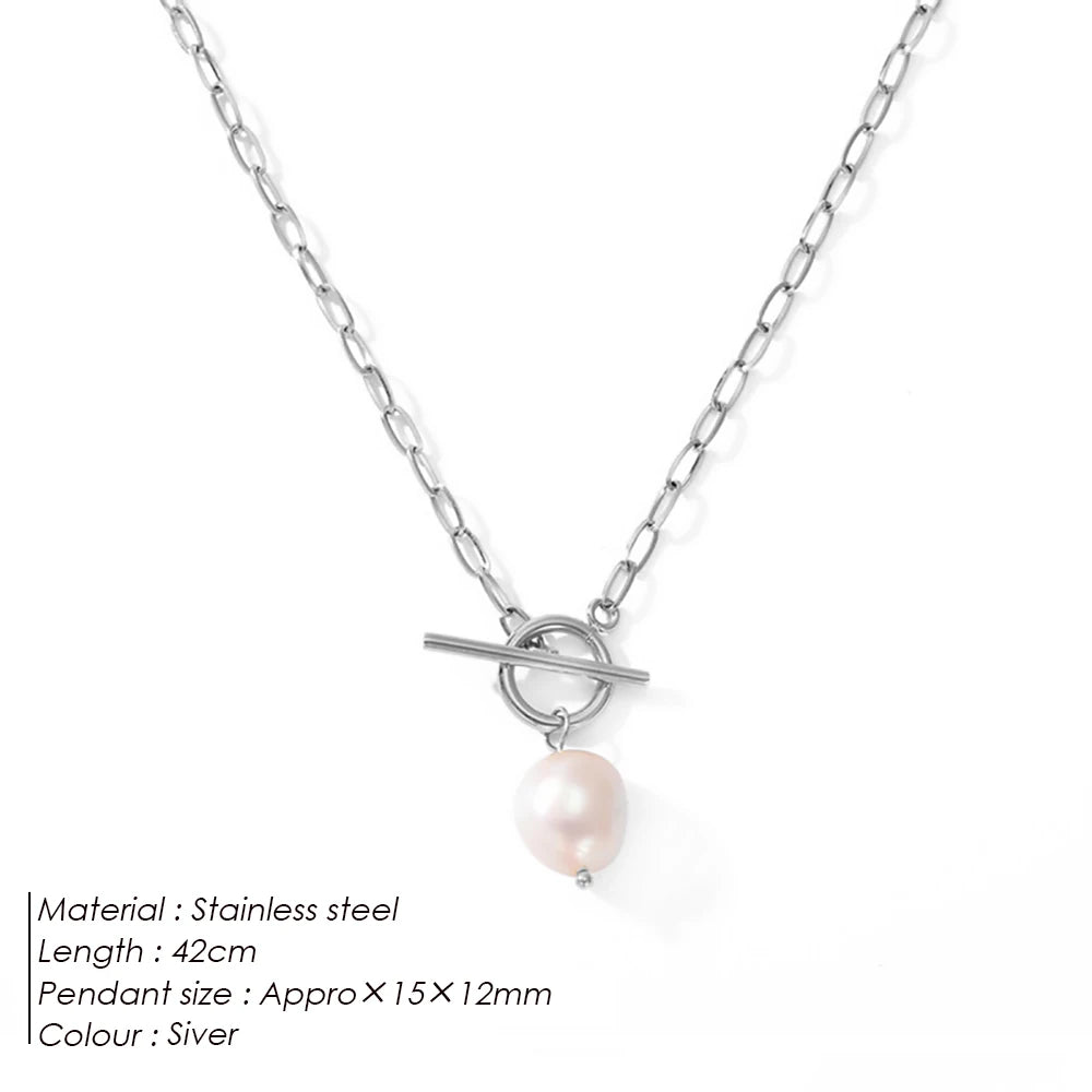 EMANCO Freshwater Pearl Toggle Necklace for Women Paperclip Chain Necklace Stainless Steel Long Box Square Chain Long Choker
