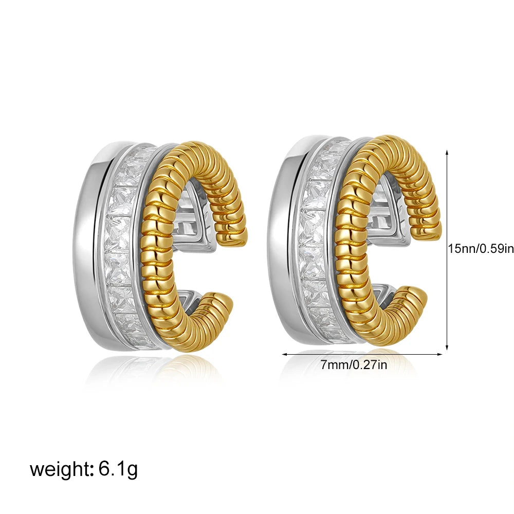 1pcs Delicate CZ Zircon Double Layer C-shape Chunky Cuff Earrings Stainless Steel No Piercing Cartilage Ear Clip Luxury Jewelry