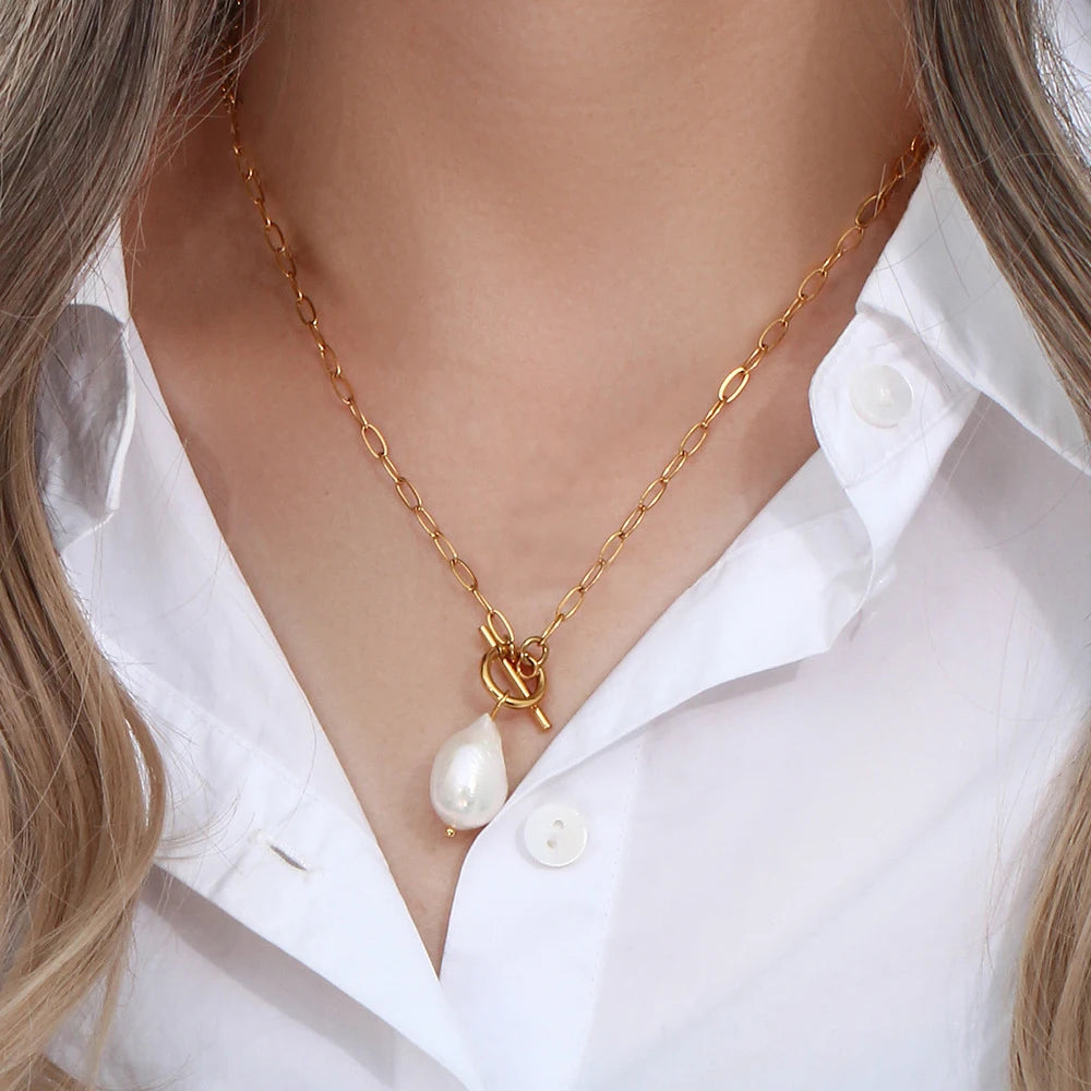 EMANCO Freshwater Pearl Toggle Necklace for Women Paperclip Chain Necklace Stainless Steel Long Box Square Chain Long Choker