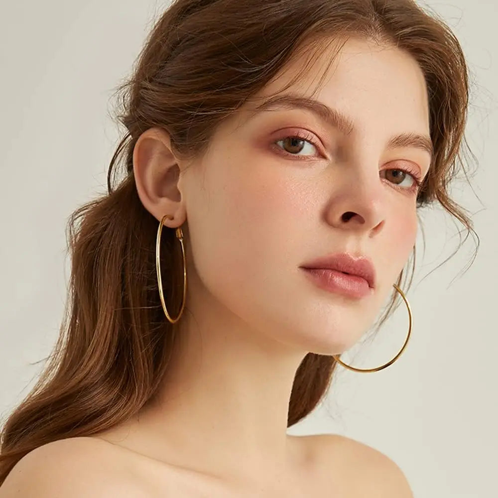 Stainless Steel Big Circle Hoop Earrings for Women,Gold Plated Hypoallergenic Non Tarnish  25mm-70mm Loop Jewelry