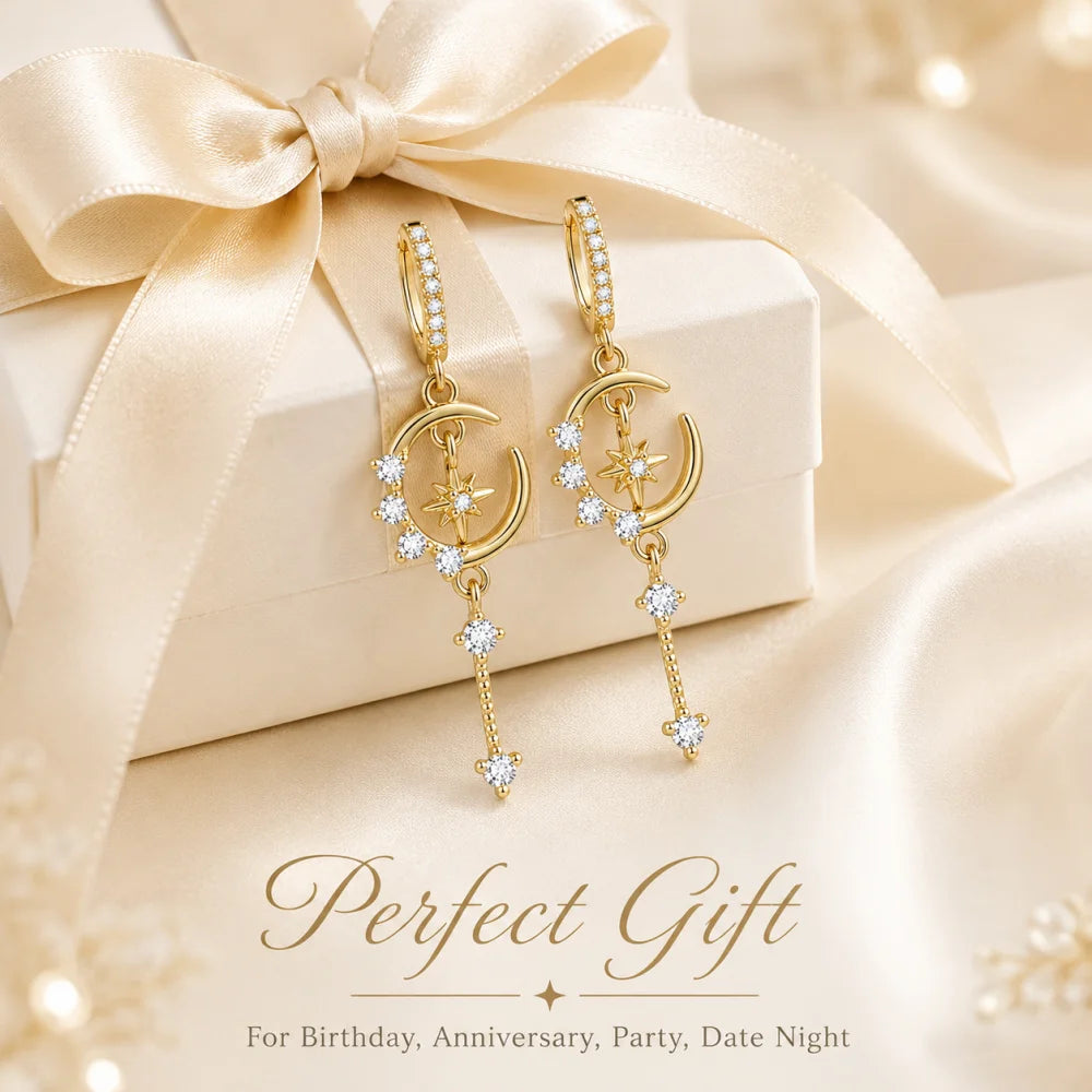 14K Gold Plated Moon Star Cubic Zirconia Huggie Dangle Earrings for Women Waterproof Dainty Long Drop Daily Party Jewelry Gifts