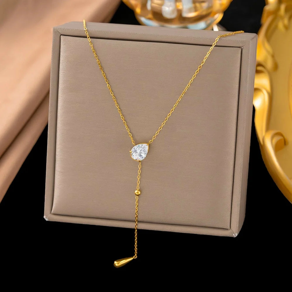 18K Gold Plated Stainless Steel Waterproof Clover Zircon Y Shape Pendant Necklace for Women Non-Fading Necklace Jewelry Gift