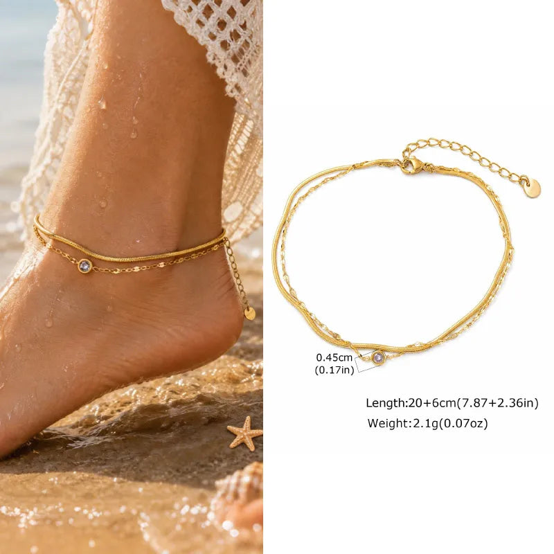 Waterproof Layered Anklet Bracelet for Women, Adjustable Gold Plated with Zirconia Stainless Steel Link Foot Chain Jewelry