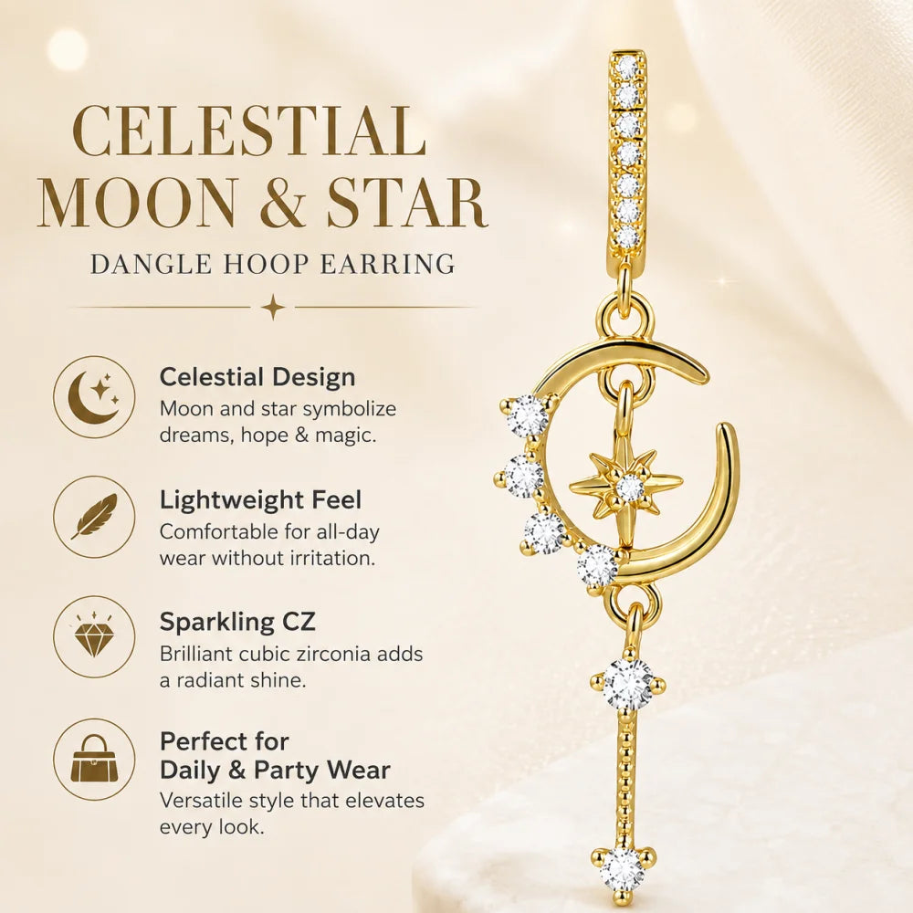 14K Gold Plated Moon Star Cubic Zirconia Huggie Dangle Earrings for Women Waterproof Dainty Long Drop Daily Party Jewelry Gifts