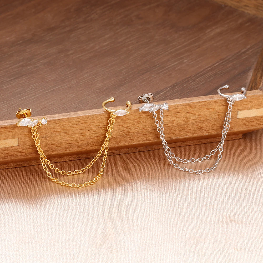 1PC Stainless Steel Chain Tassel Zircon Drop Earrings For Women 14K Gold Plated Geometric Ear Clip Earrings Wedding Jewelry