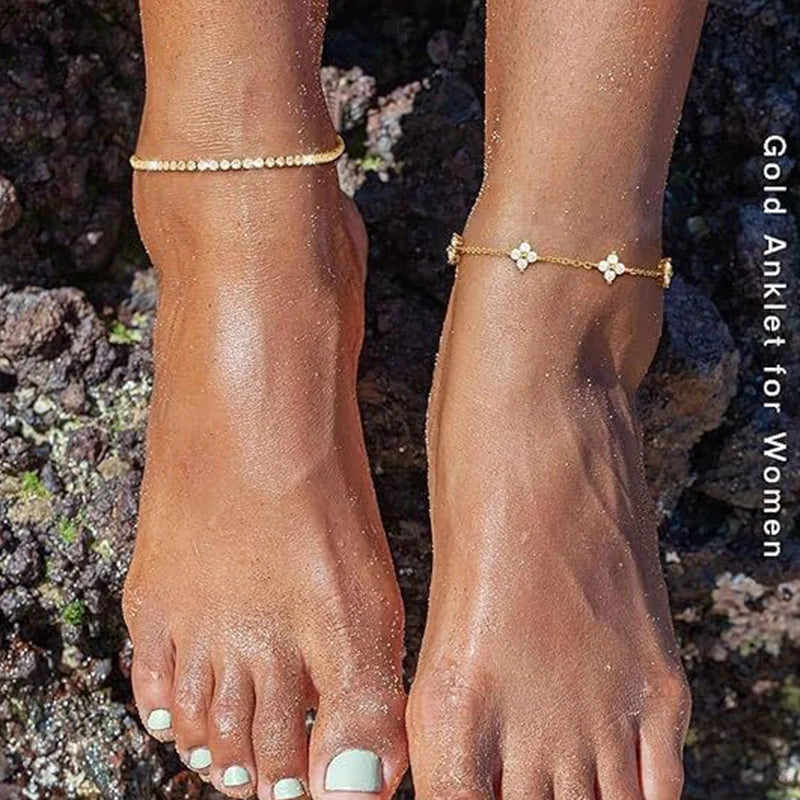 2Pcs Gold Plated Clover & Tennis Anklet Set CZ Layered Stackable Chain Ankle Bracelets for Women Summer Beach Foot Jewelry