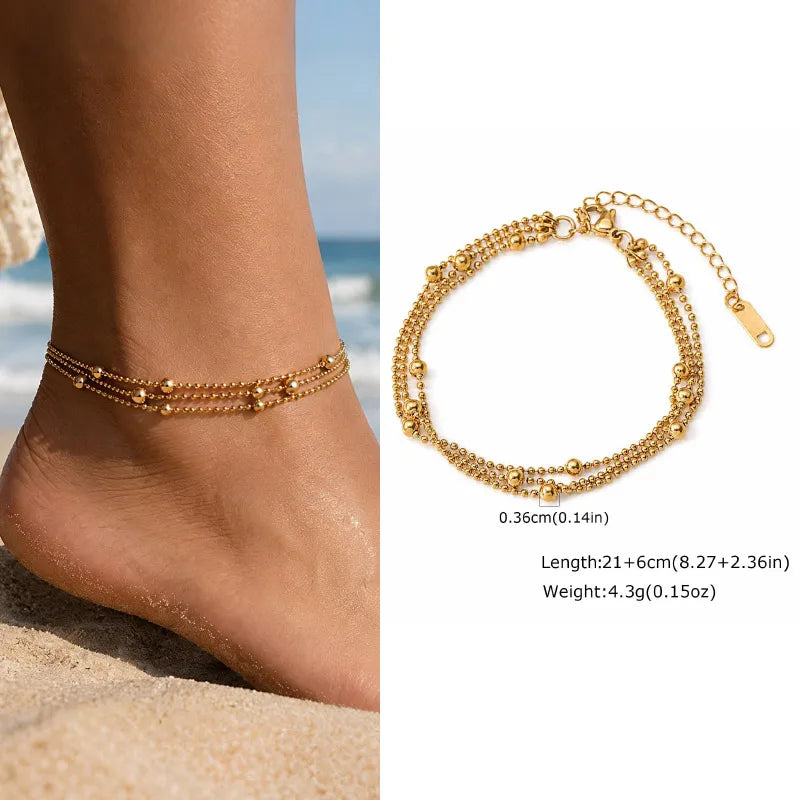 Waterproof Layered Anklet Bracelet for Women, Adjustable Gold Plated with Zirconia Stainless Steel Link Foot Chain Jewelry