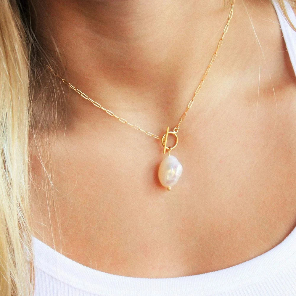 EMANCO Freshwater Pearl Toggle Necklace for Women Paperclip Chain Necklace Stainless Steel Long Box Square Chain Long Choker