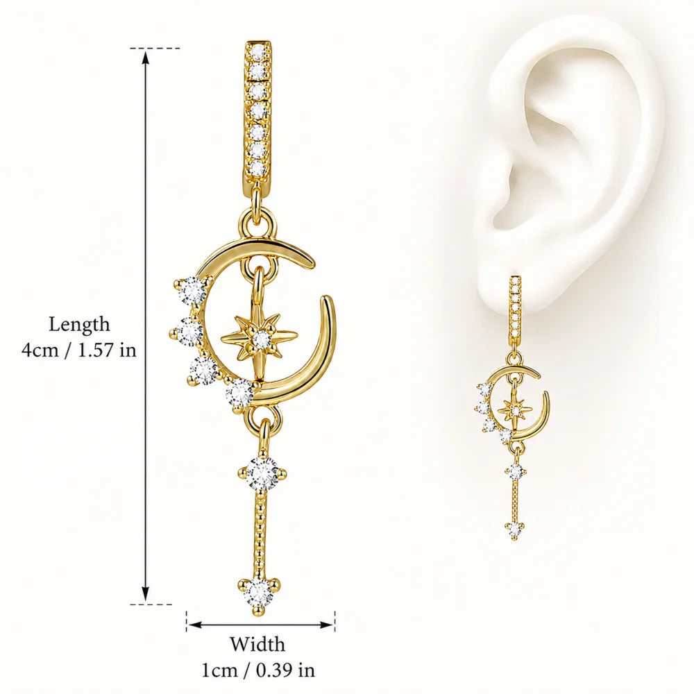 14K Gold Plated Moon Star Cubic Zirconia Huggie Dangle Earrings for Women Waterproof Dainty Long Drop Daily Party Jewelry Gifts