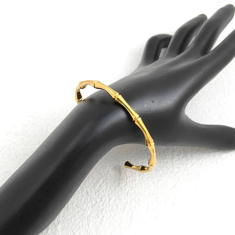 316L Stainless Steel 18K Gold Plated Bamboo Joint Open Cuff Bangle Adjustable Bracelet Minimal Lucky Stack Jewelry For Women