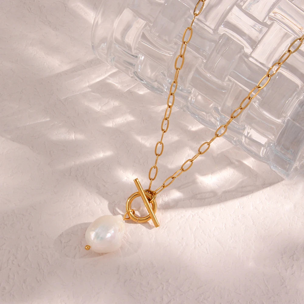 EMANCO Freshwater Pearl Toggle Necklace for Women Paperclip Chain Necklace Stainless Steel Long Box Square Chain Long Choker
