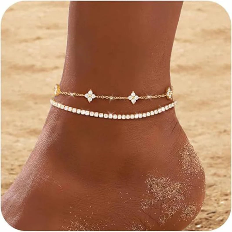 2Pcs Gold Plated Clover & Tennis Anklet Set CZ Layered Stackable Chain Ankle Bracelets for Women Summer Beach Foot Jewelry