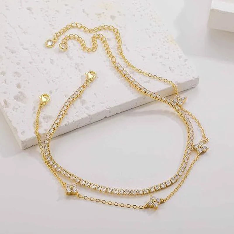 2Pcs Gold Plated Clover & Tennis Anklet Set CZ Layered Stackable Chain Ankle Bracelets for Women Summer Beach Foot Jewelry