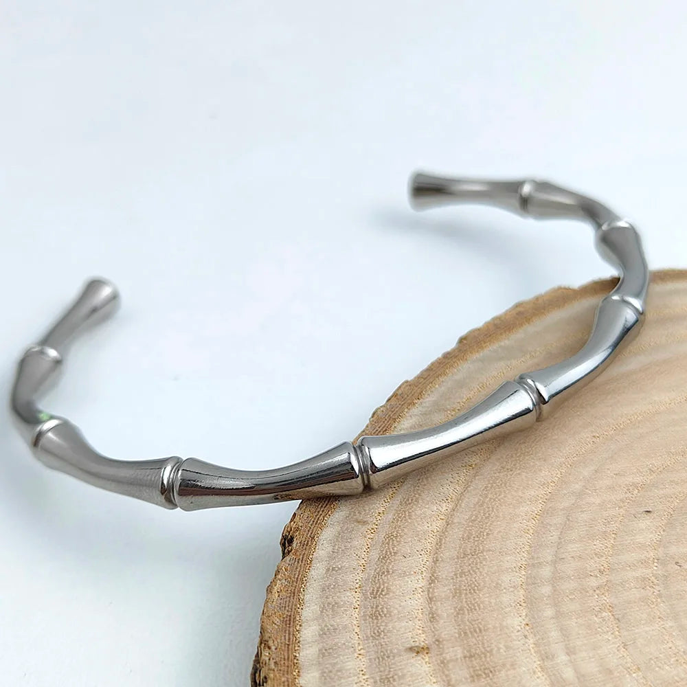 316L Stainless Steel 18K Gold Plated Bamboo Joint Open Cuff Bangle Adjustable Bracelet Minimal Lucky Stack Jewelry For Women
