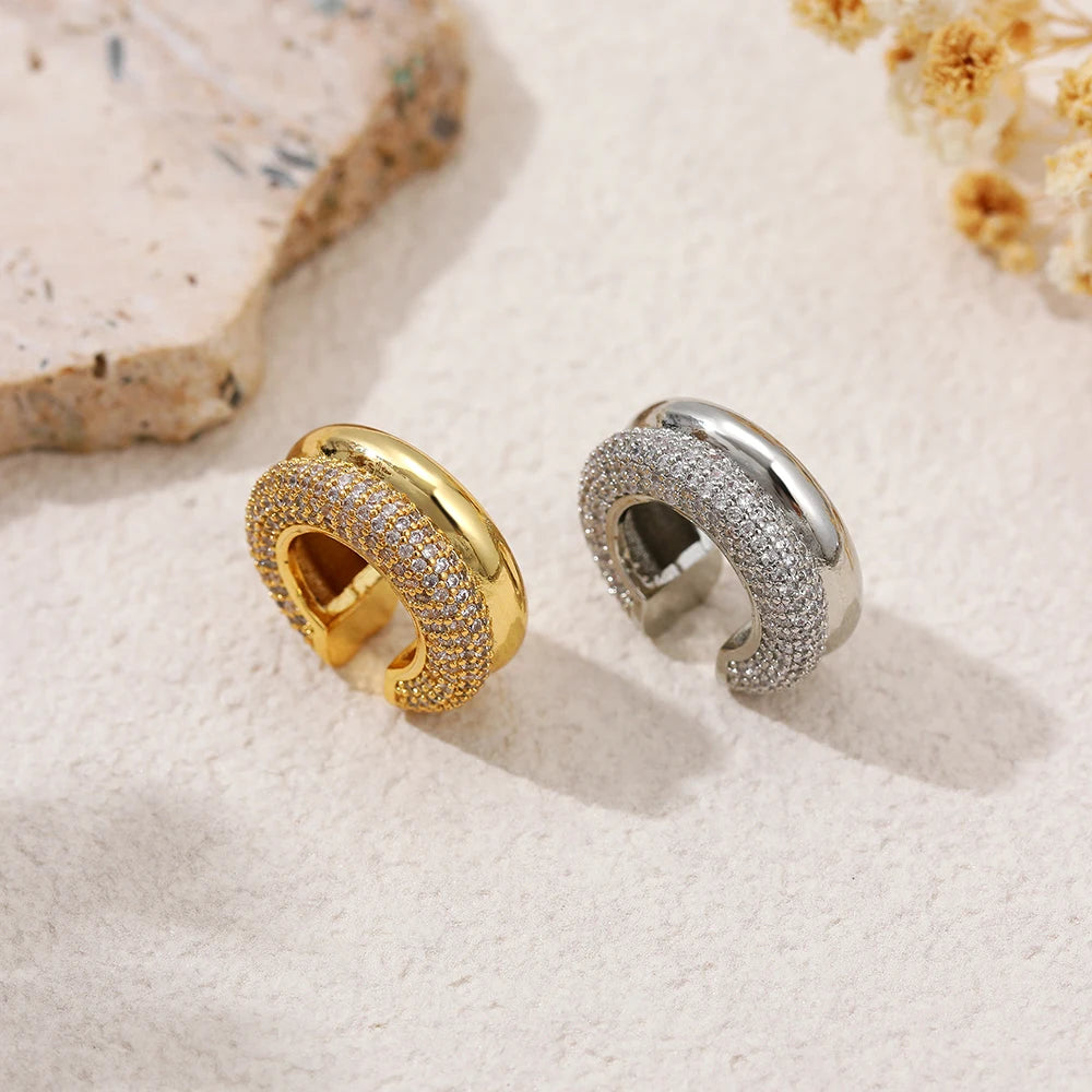 1pcs Delicate CZ Zircon Double Layer C-shape Chunky Cuff Earrings Stainless Steel No Piercing Cartilage Ear Clip Luxury Jewelry