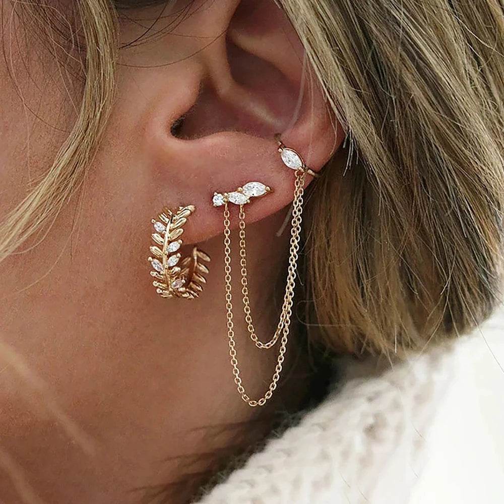 1PC Stainless Steel Chain Tassel Zircon Drop Earrings For Women 14K Gold Plated Geometric Ear Clip Earrings Wedding Jewelry