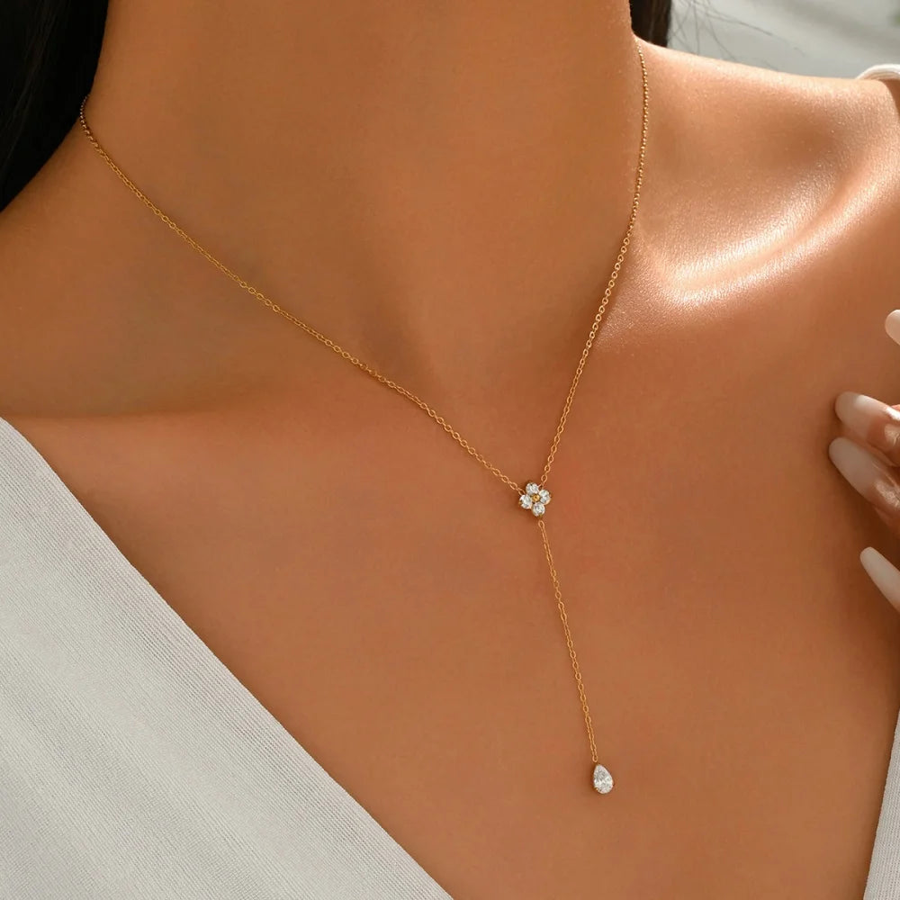 18K Gold Plated Stainless Steel Waterproof Clover Zircon Y Shape Pendant Necklace for Women Non-Fading Necklace Jewelry Gift