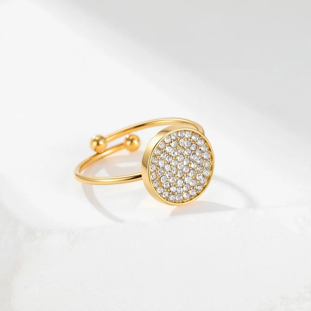 Clear Zircon Round Open Ring Women Stainless Steel Gold Color Adjustable Finger Rings Waterproof Minimalist Jewelry Wholesale