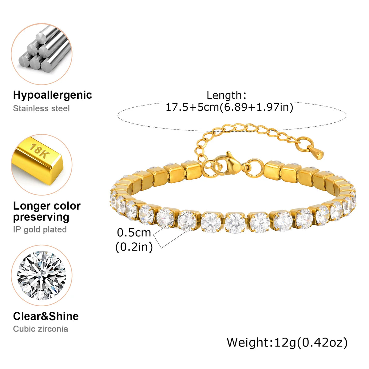 Classic Charm Tennis Bracelet for Women, AAA Zircon Stainless Steel Chain Bracelet, Wedding Birthday Party Jewelry Waterproof