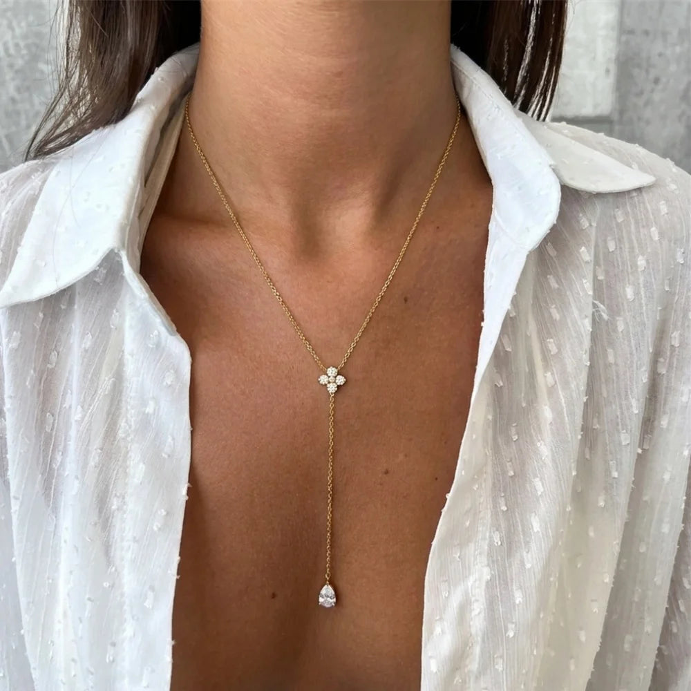 18K Gold Plated Stainless Steel Waterproof Clover Zircon Y Shape Pendant Necklace for Women Non-Fading Necklace Jewelry Gift