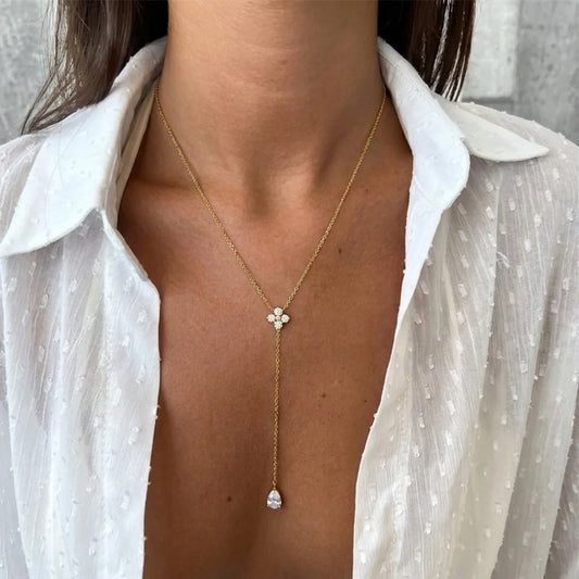 18K Gold Plated Stainless Steel Waterproof Clover Zircon Y Shape Pendant Necklace for Women Non-Fading Necklace Jewelry Gift