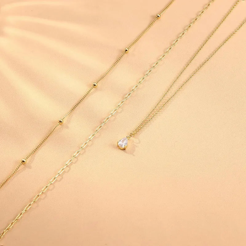 Triple Layered Gold Necklace for Women Waterproof 14K Gold Plated Stainless Steel Teardrop Crystal Necklace Satck Jewelry Set