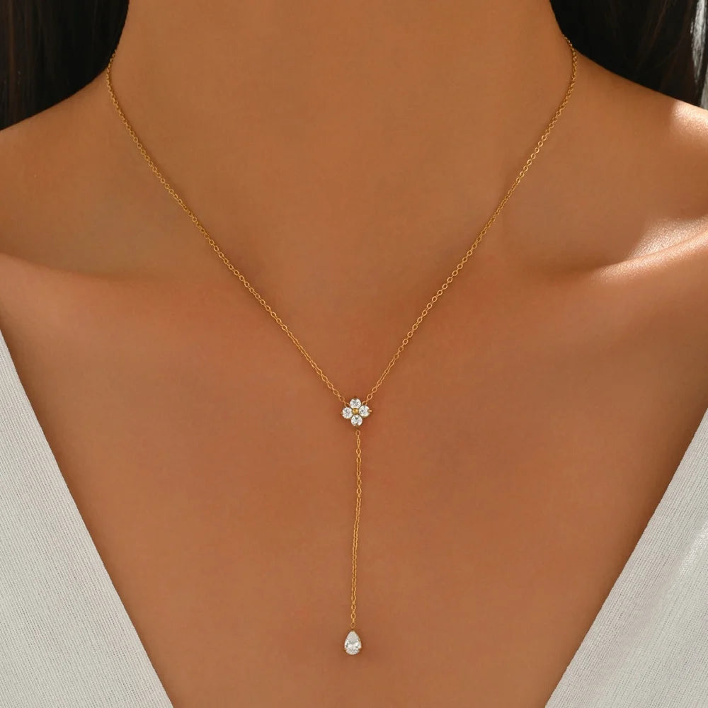 18K Gold Plated Stainless Steel Waterproof Clover Zircon Y Shape Pendant Necklace for Women Non-Fading Necklace Jewelry Gift