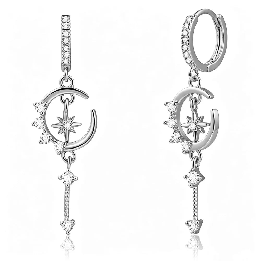 14K Gold Plated Moon Star Cubic Zirconia Huggie Dangle Earrings for Women Waterproof Dainty Long Drop Daily Party Jewelry Gifts
