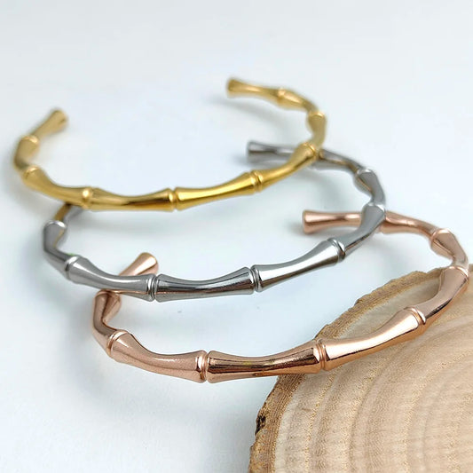316L Stainless Steel 18K Gold Plated Bamboo Joint Open Cuff Bangle Adjustable Bracelet Minimal Lucky Stack Jewelry For Women