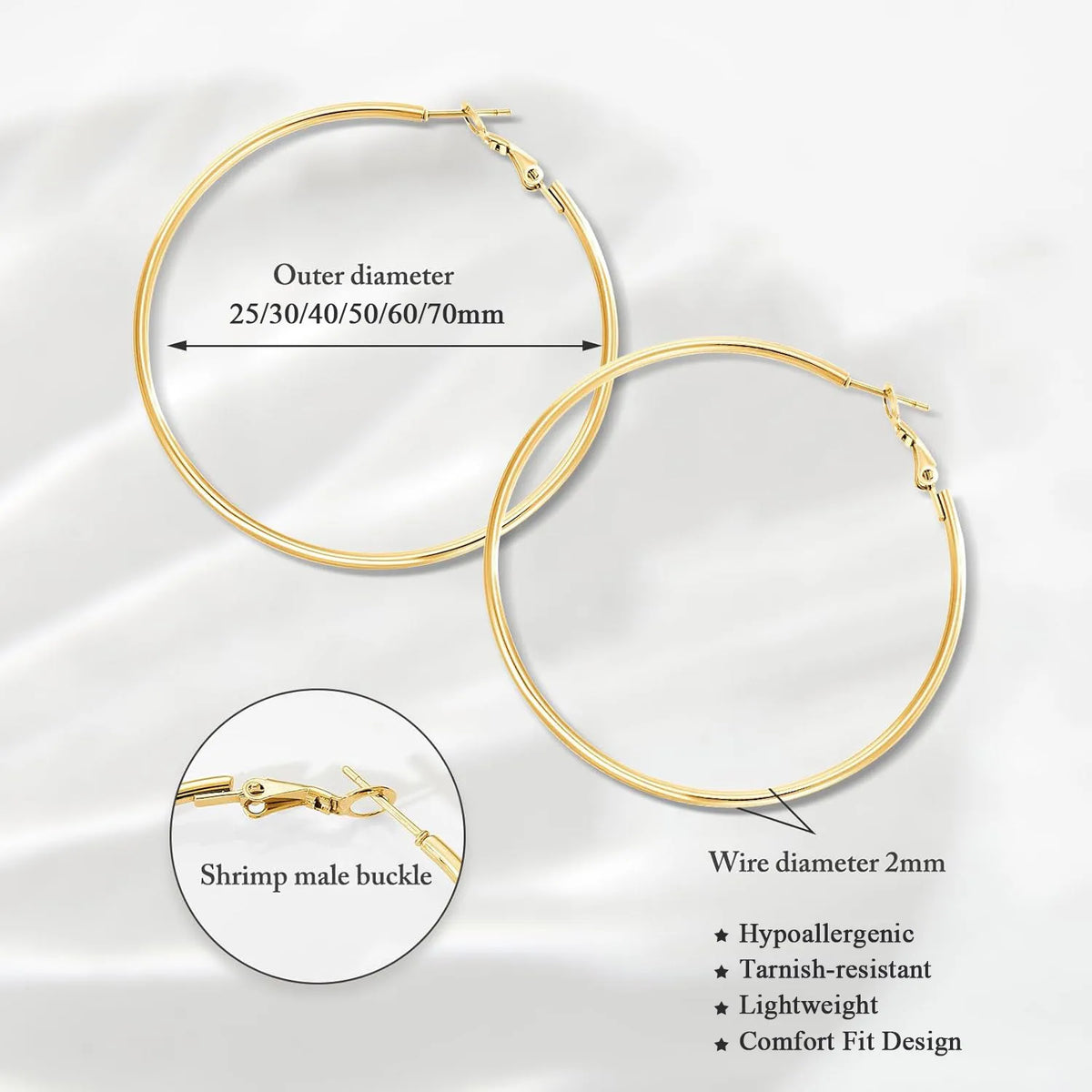 Stainless Steel Big Circle Hoop Earrings for Women,Gold Plated Hypoallergenic Non Tarnish  25mm-70mm Loop Jewelry